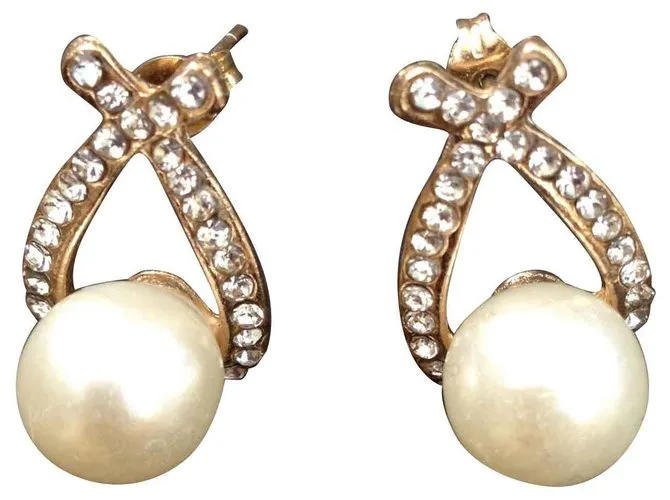 Autre Marque Par de pendientes vintage con perlas de fantasía y pedrería Blanco 