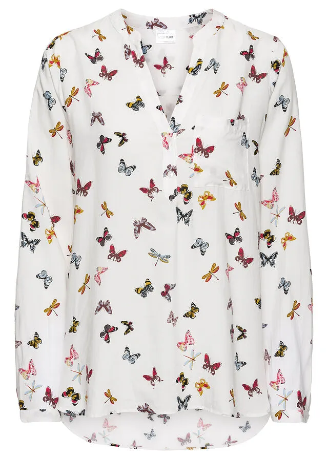 Blusa con escote en V Blanco lana con mariposas