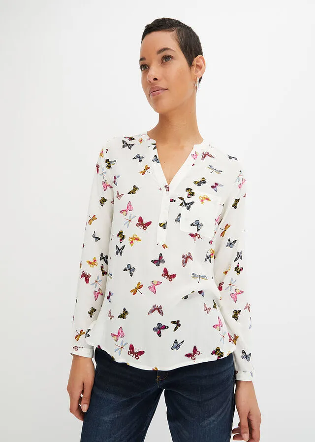 Blusa con escote en V Blanco lana con mariposas