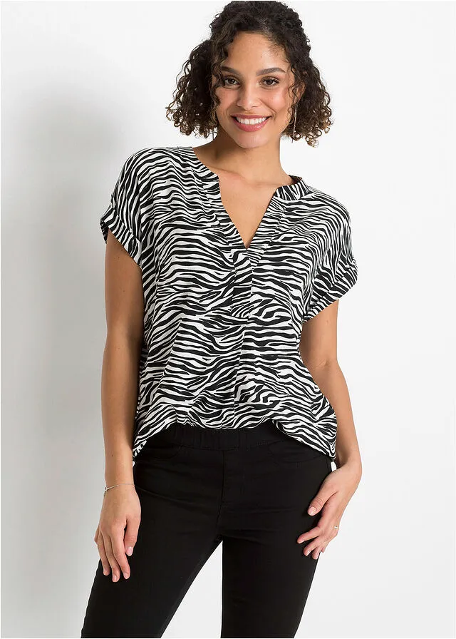Blusa de viscosa sostenible Negro/blanco lana con estampado de cebra