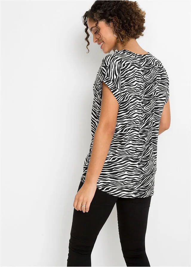Blusa de viscosa sostenible Negro/blanco lana con estampado de cebra