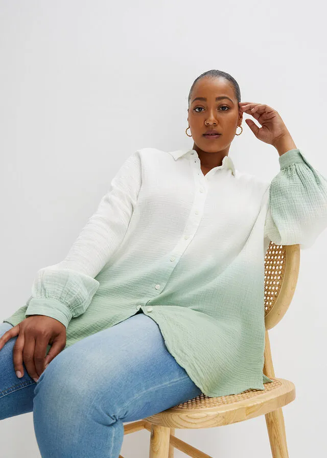 BLUSA LARGA DE MUSELINA CON DEGRADADO CROMáTICO BLANCO LANAVERDE PINO