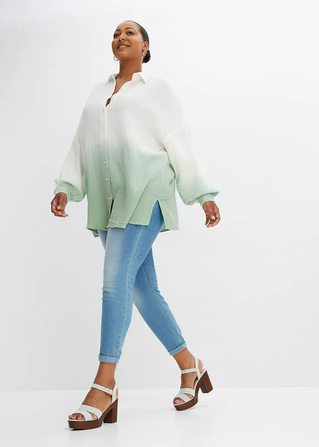 BLUSA LARGA DE MUSELINA CON DEGRADADO CROMáTICO BLANCO LANAVERDE PINO