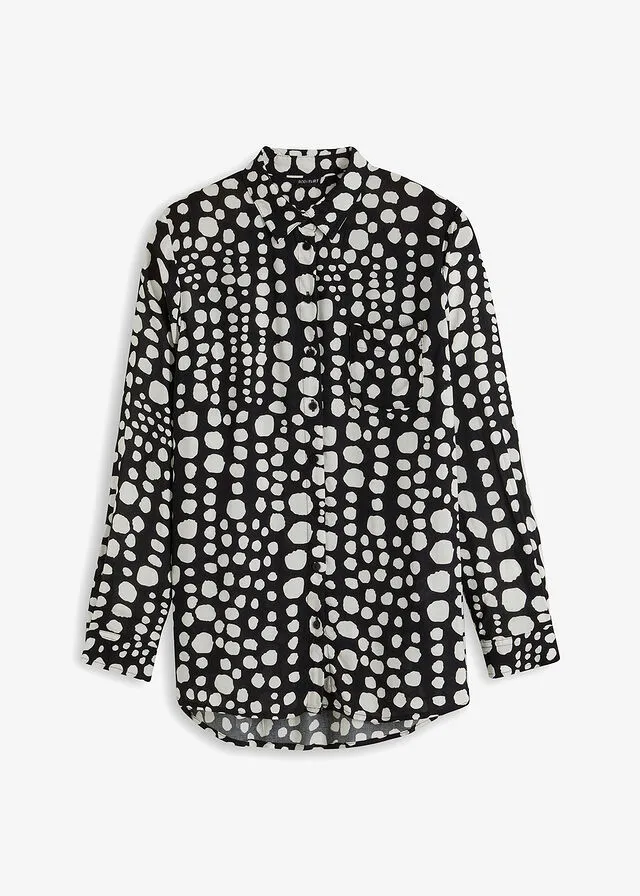 BLUSA LARGA ESTAMPADA DE VISCOSA SOSTENIBLE NEGROBLANCO LANA CON LUNARES