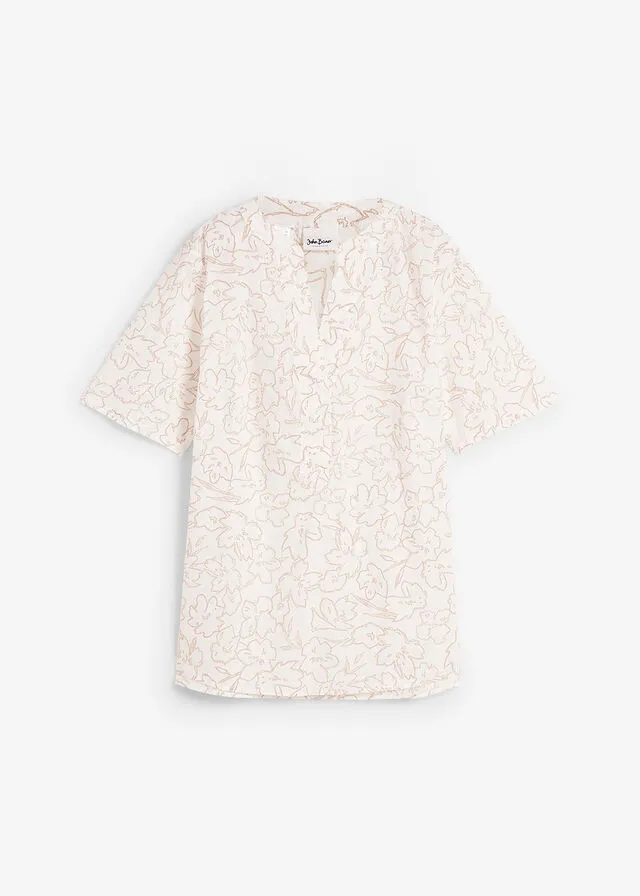 Blusa tipo túnica Blanco lana + marrón grisáceo de flores
