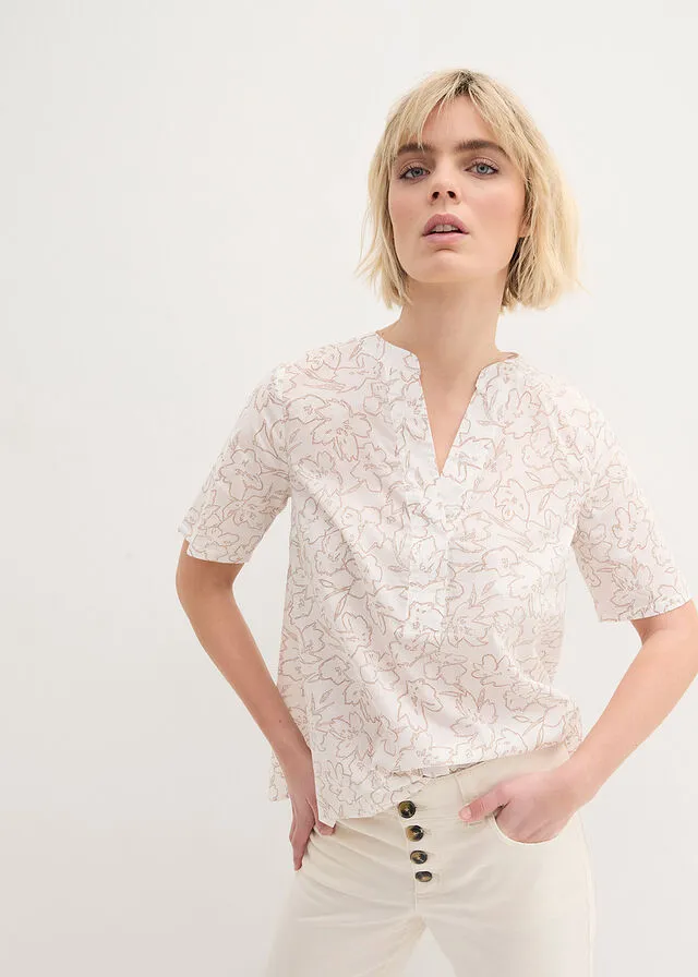 Blusa tipo túnica Blanco lana + marrón grisáceo de flores