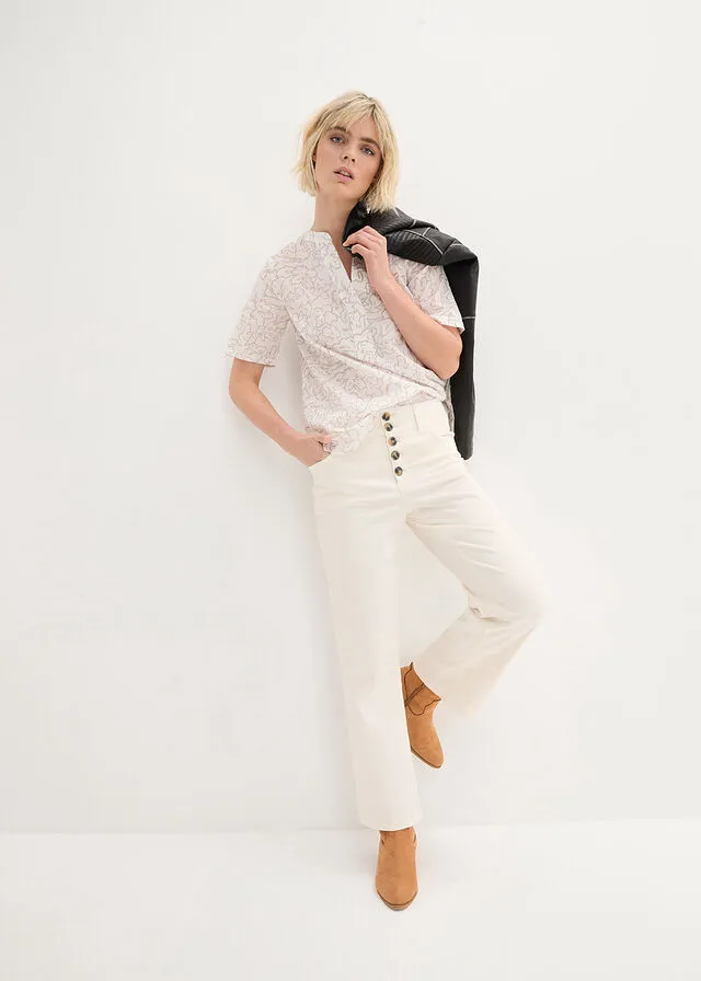 Blusa tipo túnica Blanco lana + marrón grisáceo de flores