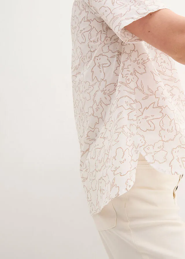 Blusa tipo túnica Blanco lana + marrón grisáceo de flores