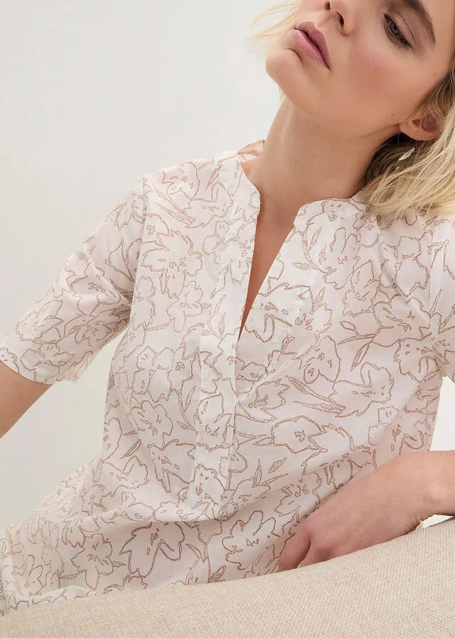Blusa tipo túnica Blanco lana + marrón grisáceo de flores