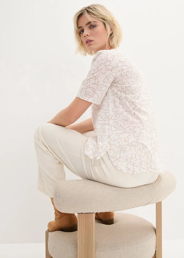 Blusa tipo túnica Blanco lana + marrón grisáceo de flores