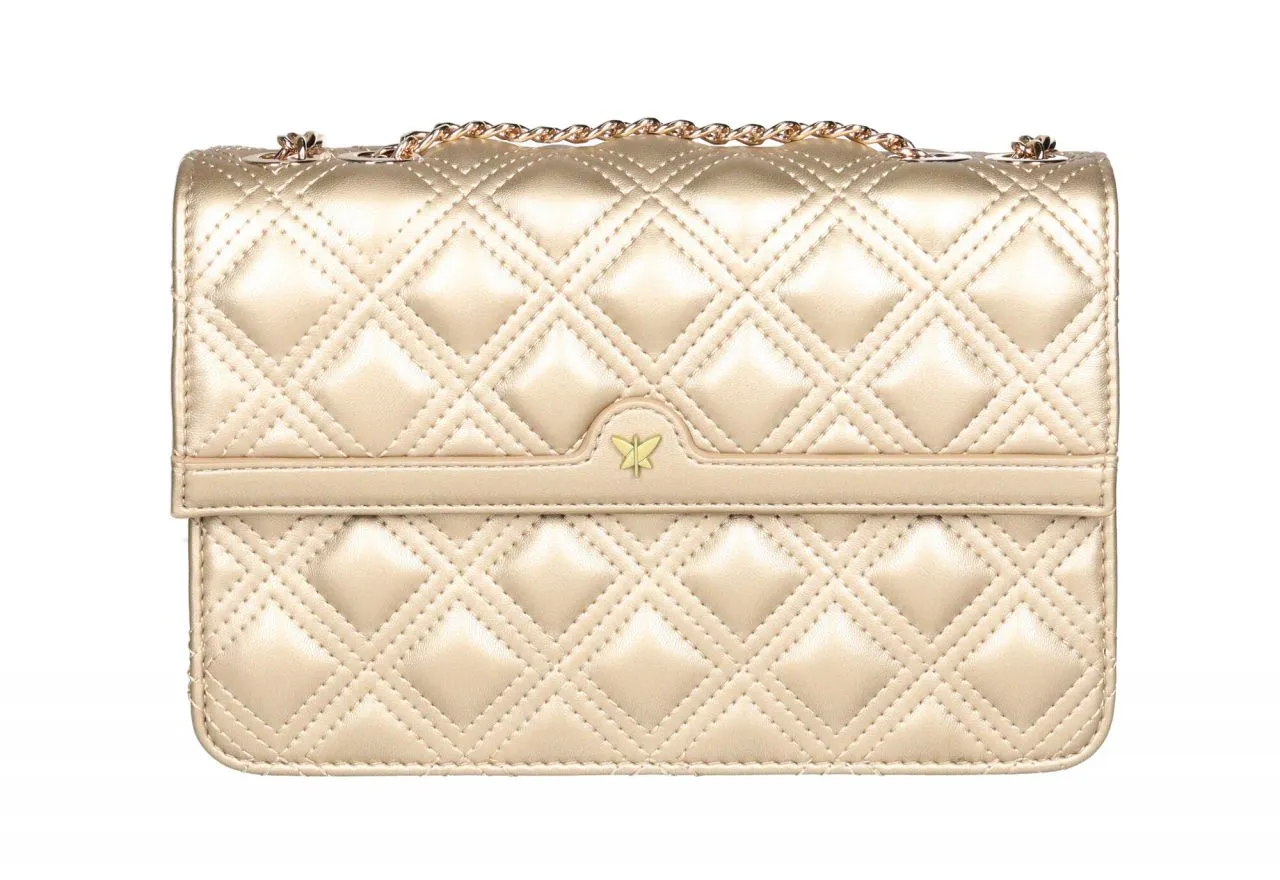 Bolso Colgar Enguatado Oro Tapa Doble Asa Cadena Metal