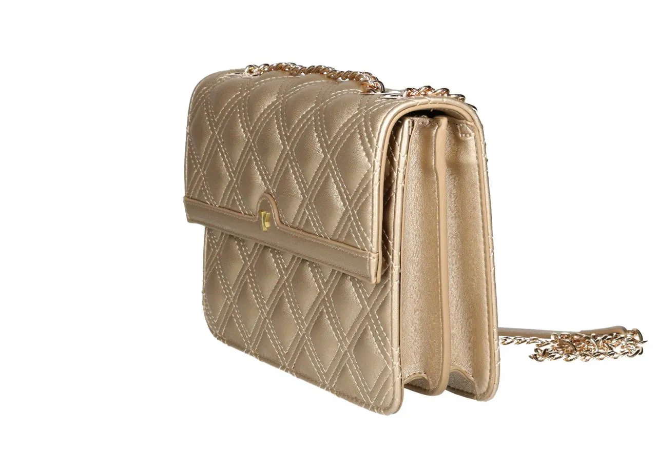 Bolso Colgar Enguatado Oro Tapa Doble Asa Cadena Metal