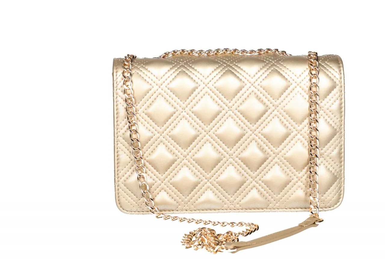 Bolso Colgar Enguatado Oro Tapa Doble Asa Cadena Metal