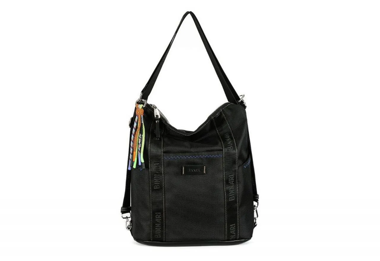 Bolso Negro Tejido Grabado Asa Cinta Multiposicion