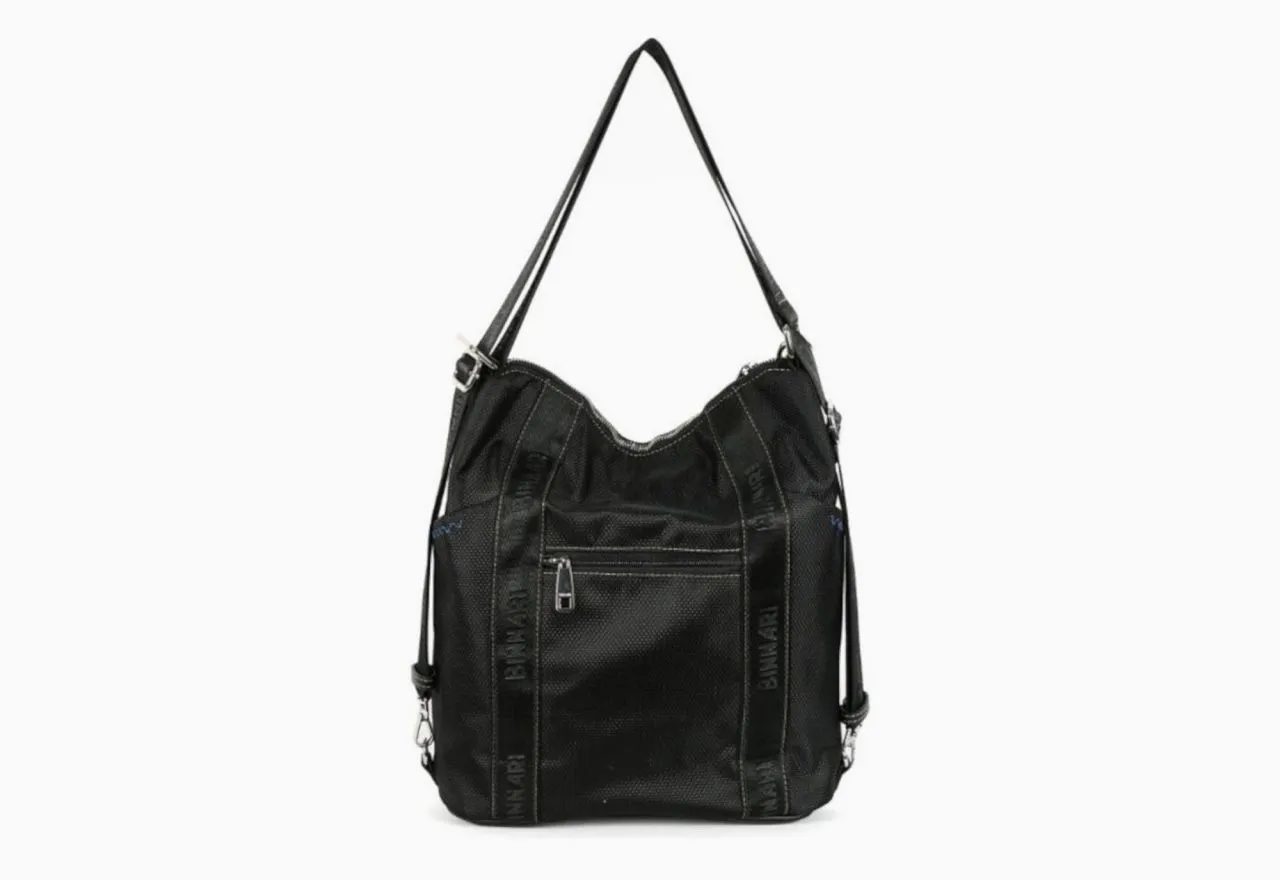 Bolso Negro Tejido Grabado Asa Cinta Multiposicion