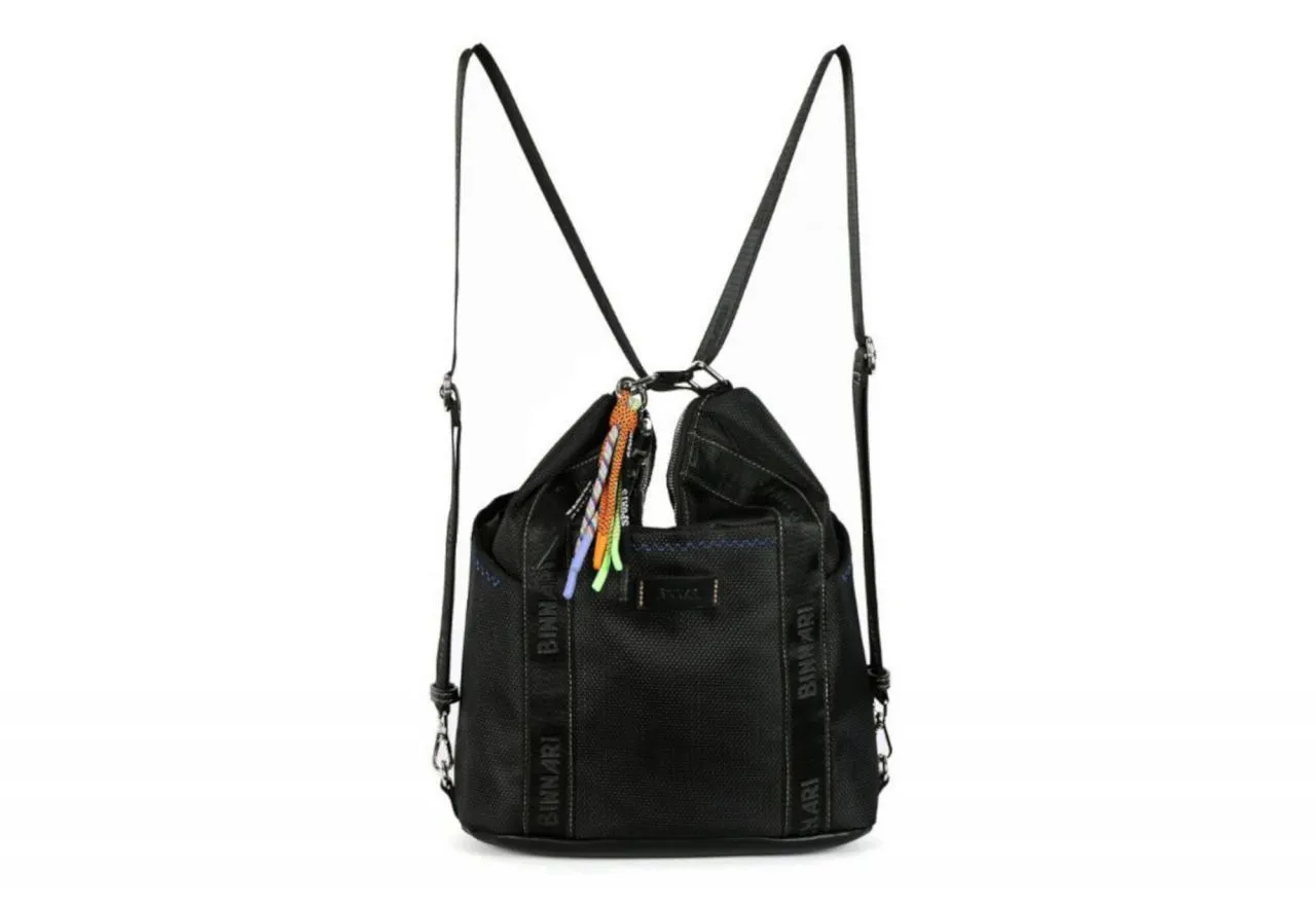 Bolso Negro Tejido Grabado Asa Cinta Multiposicion