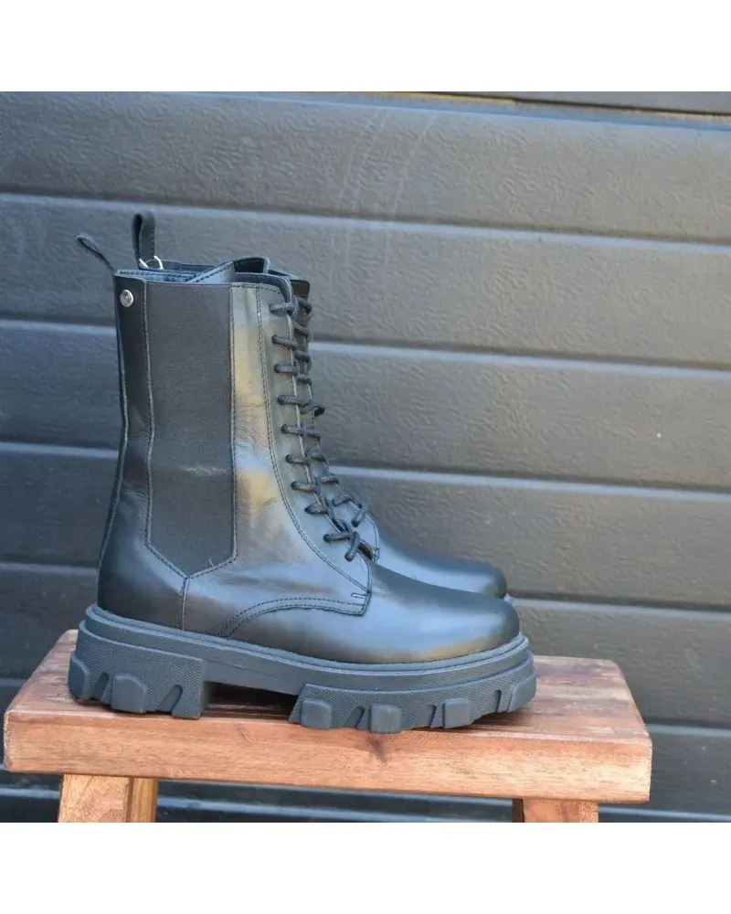 Bota militar de PIEL negra con cierre lateral de cremallera | 21811 top3shoes
