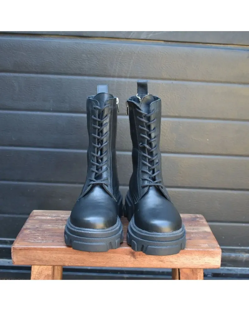 Bota militar de PIEL negra con cierre lateral de cremallera | 21811 top3shoes