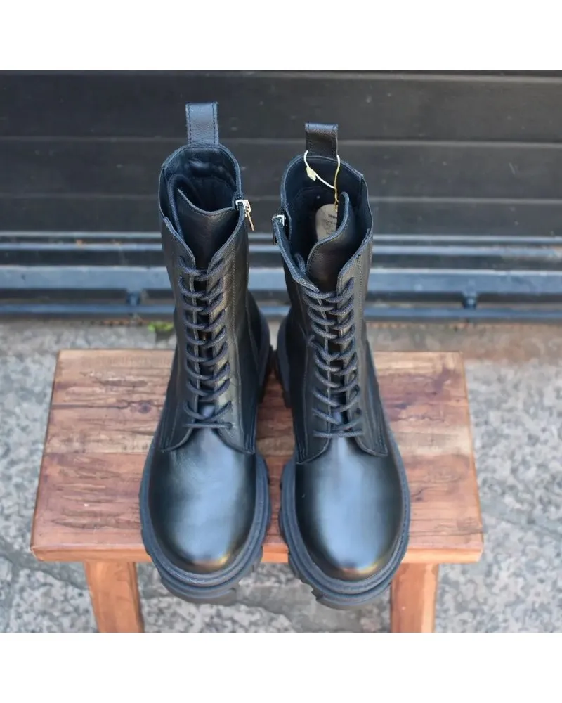 Bota militar de PIEL negra con cierre lateral de cremallera | 21811 top3shoes