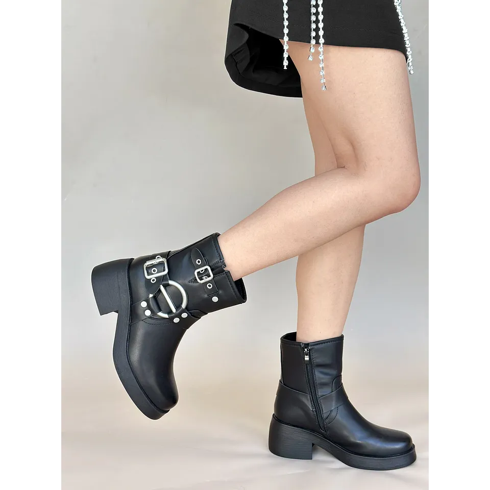 Botín Biker Negro Moda Urbano