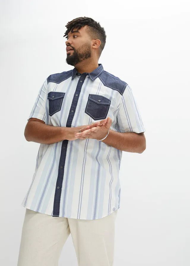 Camisa de manga corta con ribete vaquero Blanco lana de rayas verticales