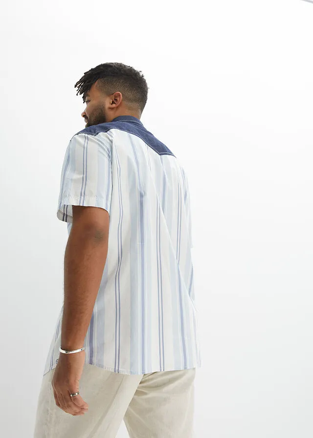 Camisa de manga corta con ribete vaquero Blanco lana de rayas verticales