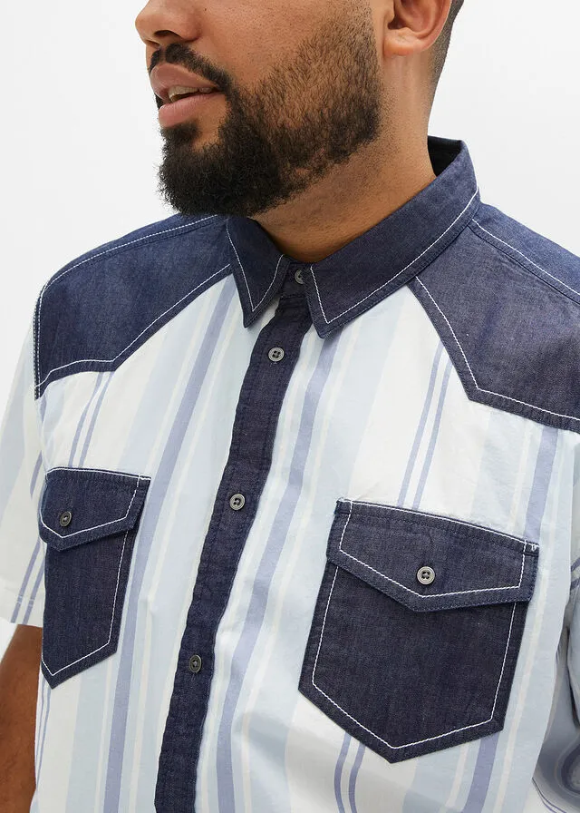 Camisa de manga corta con ribete vaquero Blanco lana de rayas verticales