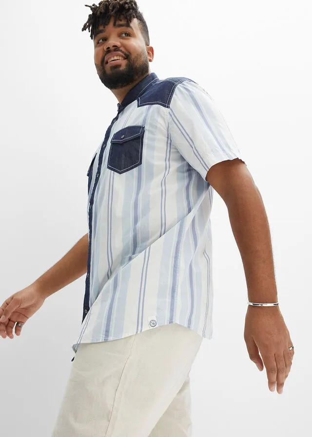Camisa de manga corta con ribete vaquero Blanco lana de rayas verticales