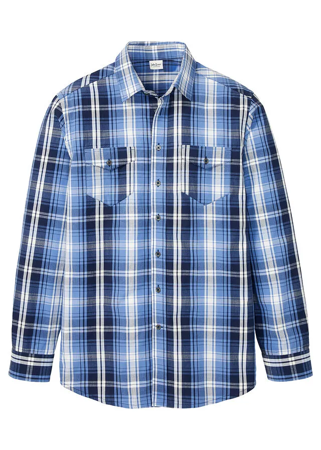 Camisa de manga larga con corte cómodo Blanco lana/azul marino de cuadros