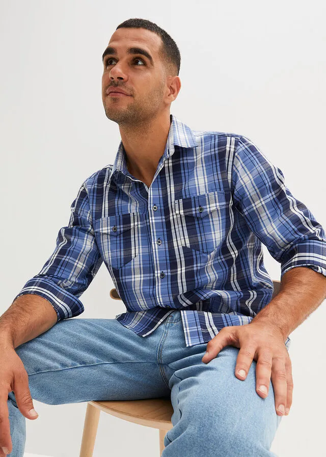 Camisa de manga larga con corte cómodo Blanco lana/azul marino de cuadros