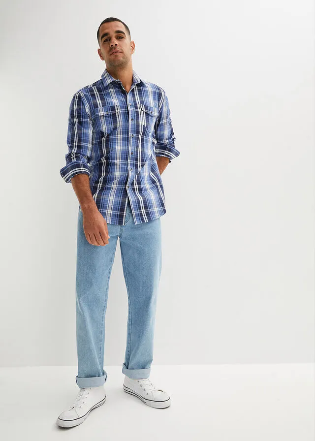 Camisa de manga larga con corte cómodo Blanco lana/azul marino de cuadros
