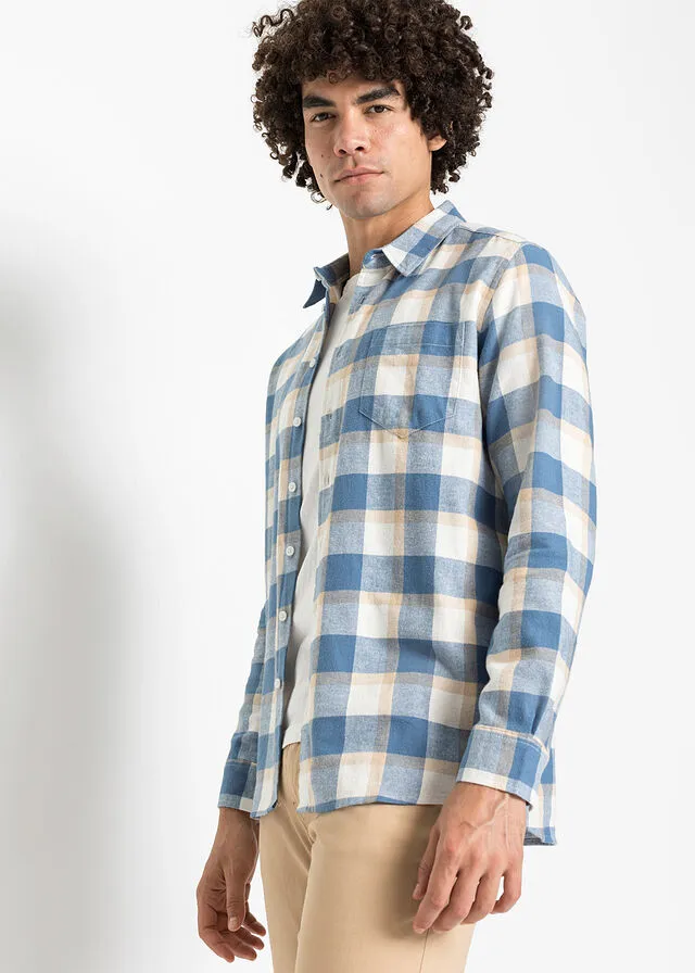 Camisa de manga larga de franela Blanco lana/café con leche de cuadros