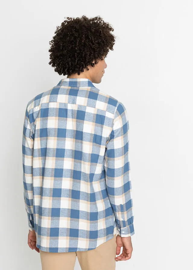 Camisa de manga larga de franela Blanco lana/café con leche de cuadros