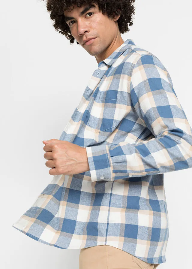 Camisa de manga larga de franela Blanco lana/café con leche de cuadros