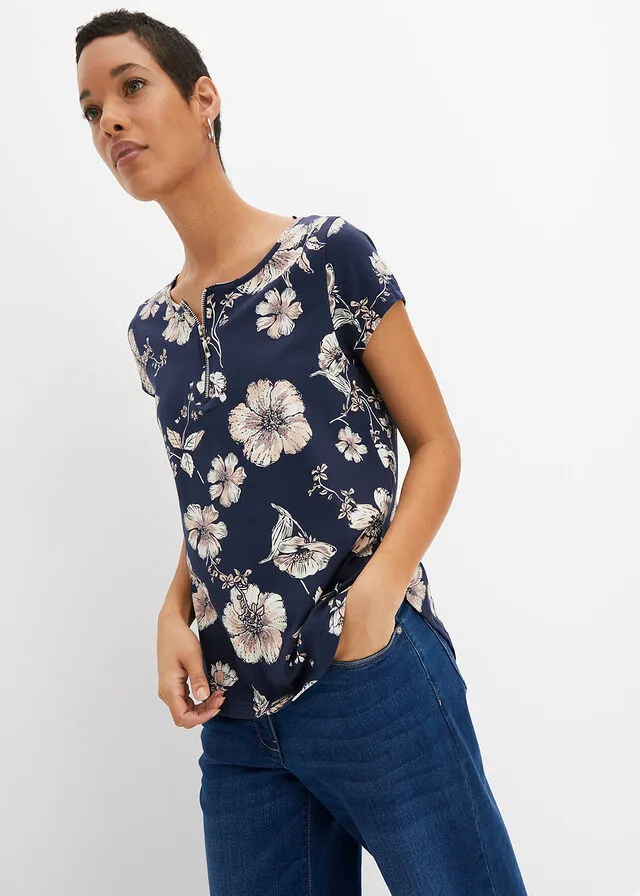 CAMISETA CON CREMALLERA AZUL OSCUROROSA PALOBLANCO LANA DE FLORES