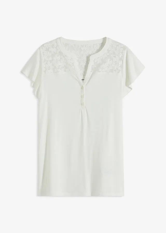Camiseta con cuello henley y encaje de viscosa sostenible Blanco lana