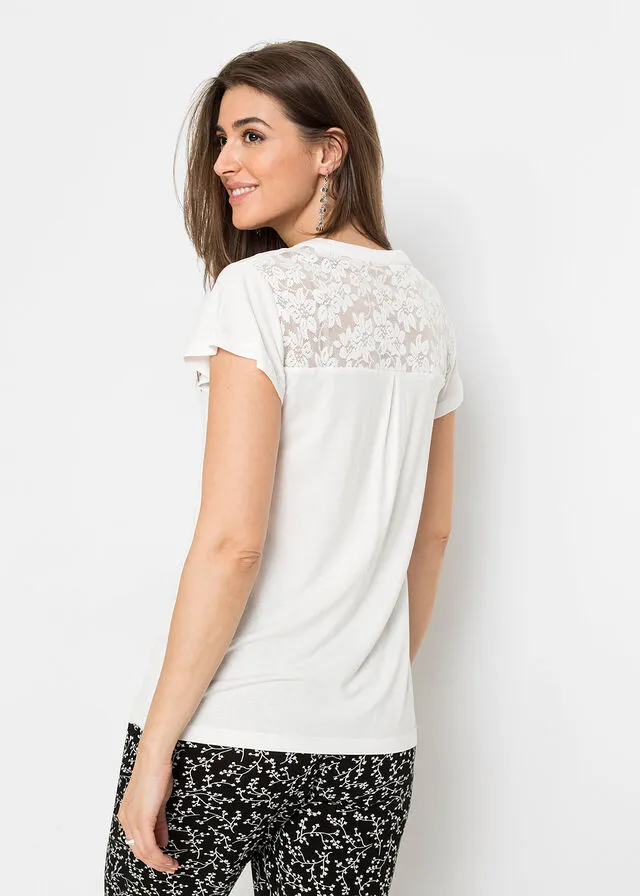 Camiseta con cuello henley y encaje de viscosa sostenible Blanco lana