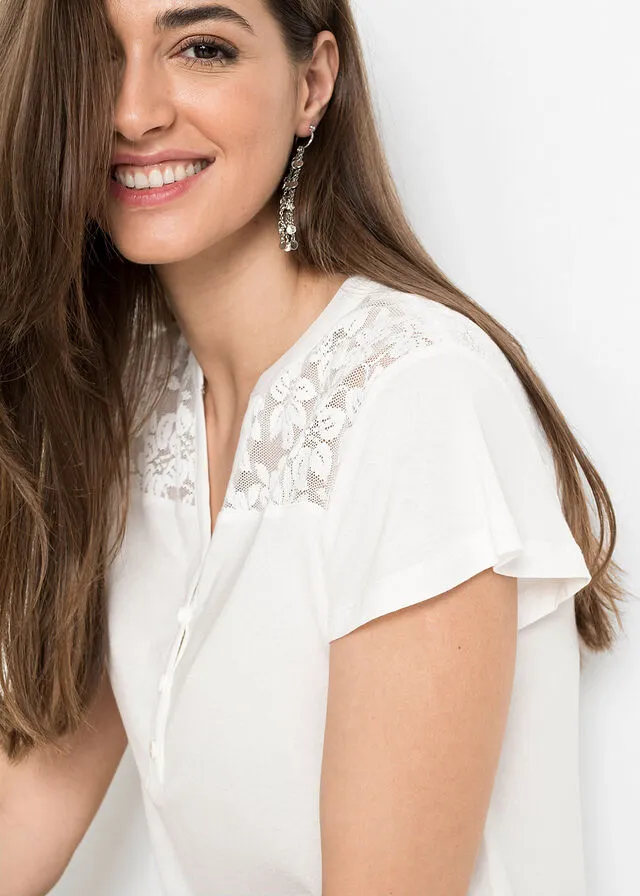 Camiseta con cuello henley y encaje de viscosa sostenible Blanco lana