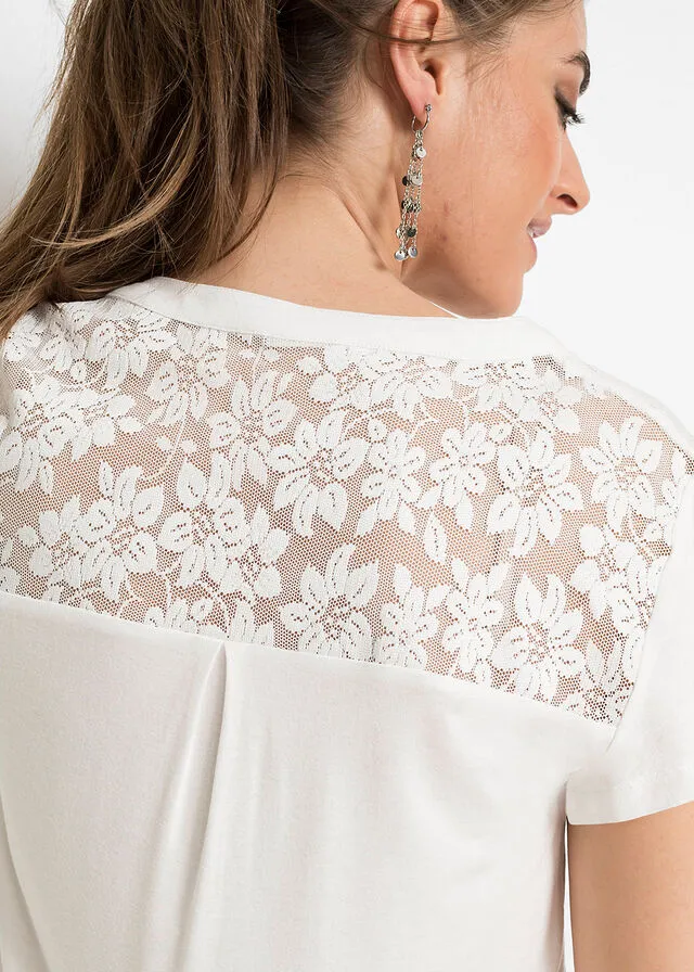 Camiseta con cuello henley y encaje de viscosa sostenible Blanco lana