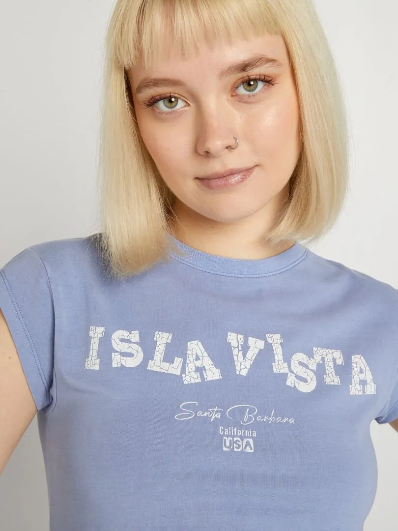CAMISETA CROPPED ELáSTICA ESTAMPADA  AZUL