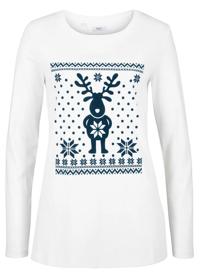 CAMISETA DE ALGODóN DE MANGA LARGA CON MOTIVO NAVIDEñO BLANCO LANAAZUL OSCURO