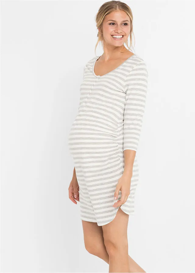 CAMISóN DE LACTANCIA DE ALGODóN GRIS CLARO JASPEADOBLANCO LANA DE RAYAS