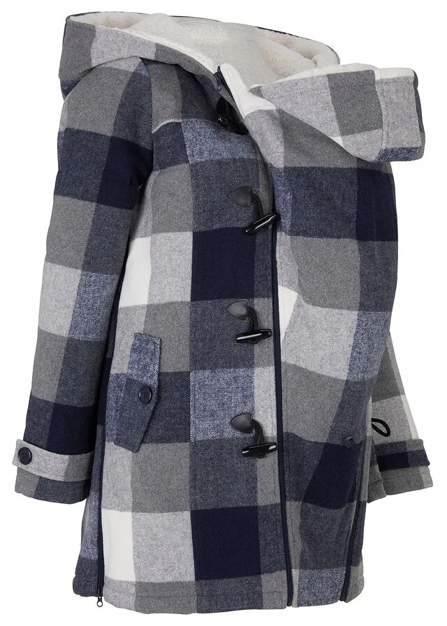 CHAQUETA PREMAMá DE LANA CON FORRO DE PELUCHE/CHAQUETA DE PORTEO AZUL OSCUROGRIS DE CUADROS