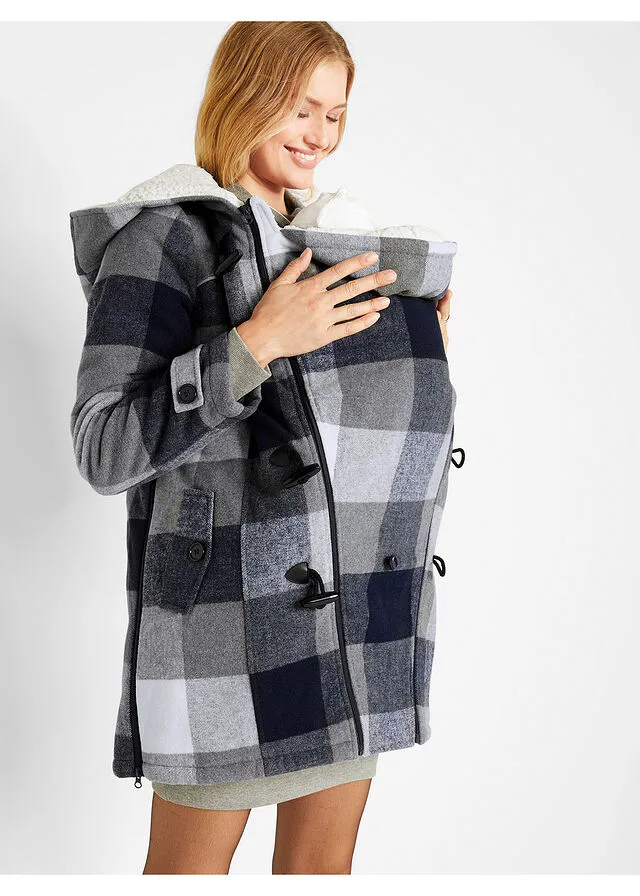 CHAQUETA PREMAMá DE LANA CON FORRO DE PELUCHE/CHAQUETA DE PORTEO AZUL OSCUROGRIS DE CUADROS