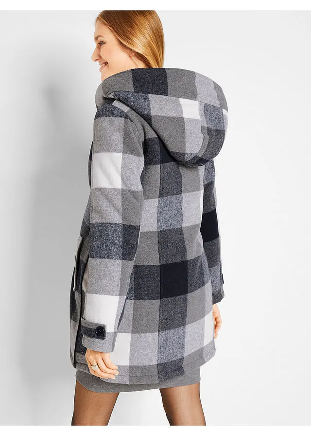 CHAQUETA PREMAMá DE LANA CON FORRO DE PELUCHE/CHAQUETA DE PORTEO AZUL OSCUROGRIS DE CUADROS