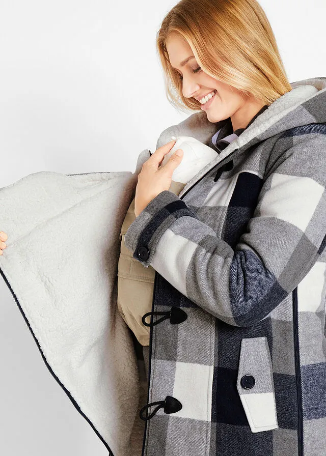 CHAQUETA PREMAMá DE LANA CON FORRO DE PELUCHE/CHAQUETA DE PORTEO AZUL OSCUROGRIS DE CUADROS