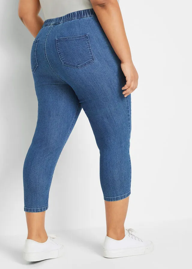 Cómodo pantalón capri elástico con cinturilla cómoda y botones decorativos Denim claro