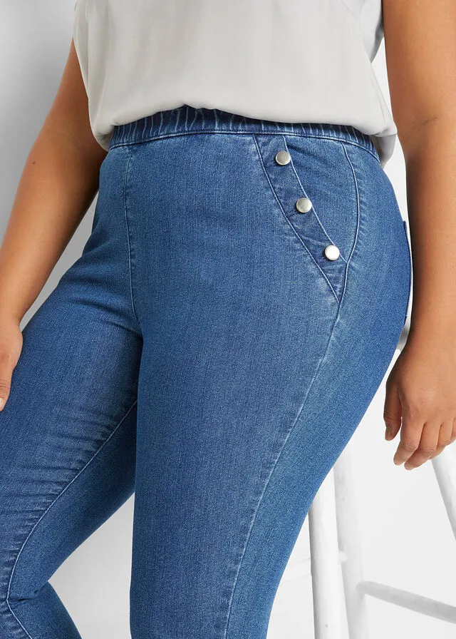 Cómodo pantalón capri elástico con cinturilla cómoda y botones decorativos Denim claro