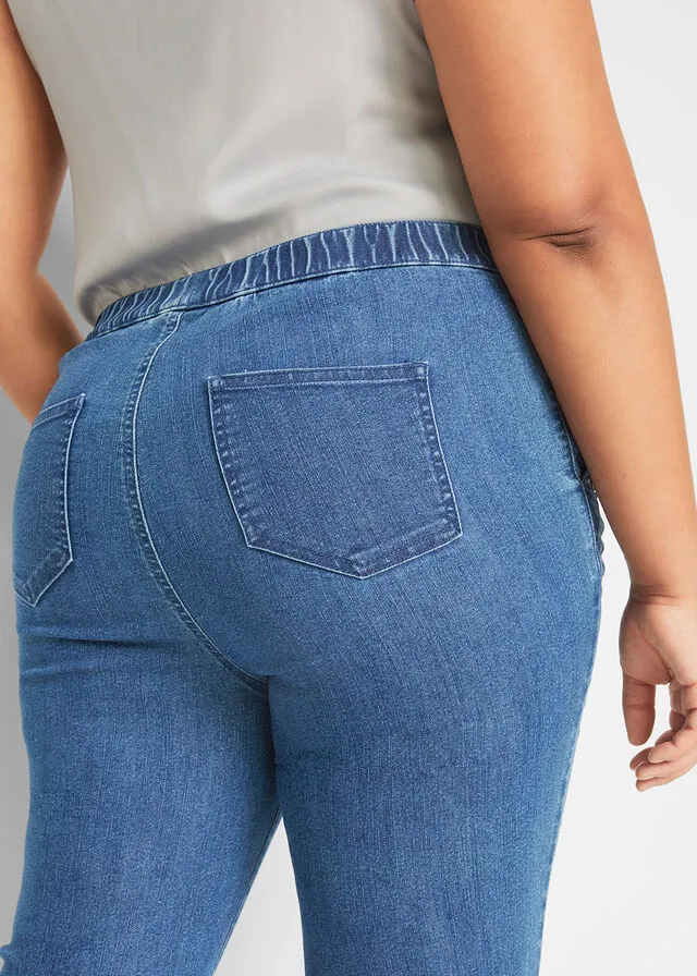 Cómodo pantalón capri elástico con cinturilla cómoda y botones decorativos Denim claro