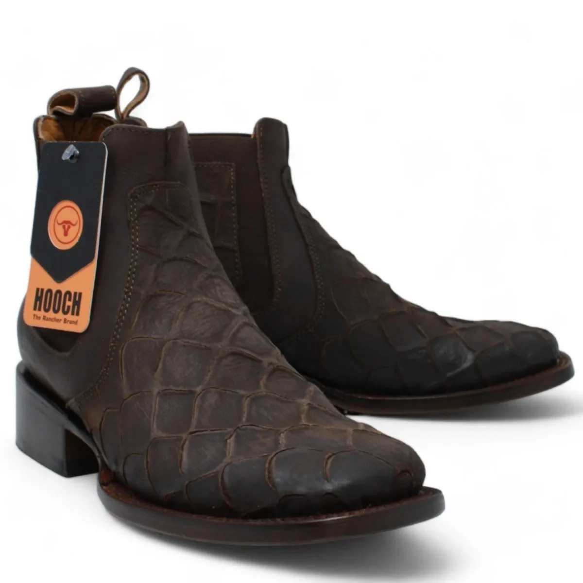 FISH PRINT LEATHER SQUARE TOE ANKLE BOOTS  CHOCOLATE
